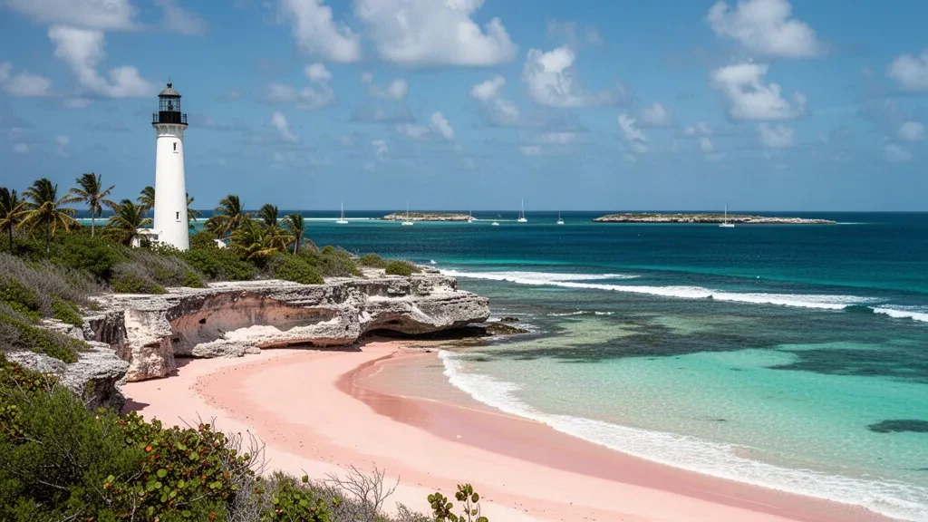 Güney Eleuthera, Bahamalar'da Cape Eleuthera'da pembe kumlu bir plaj ve turkuaz suyun üzerindeki kireçtaşı yamaçta beyaz deniz feneri