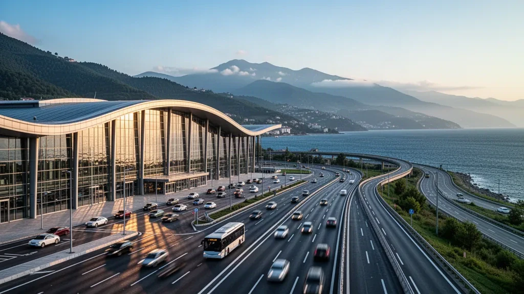 Modernes Glas-Terminal und Küstenzufahrtsstraße am Flughafen Trabzon an der türkischen Schwarzmeerküste, eingerahmt von grünen Hügeln zur goldenen Stunde