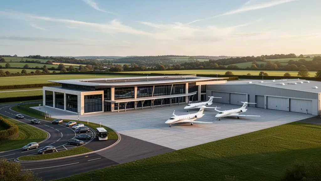 Terminal d'aviation d'affaires moderne en verre et jets privés sur le tarmac de l'aéroport de London Biggin Hill dans une douce lumière dorée