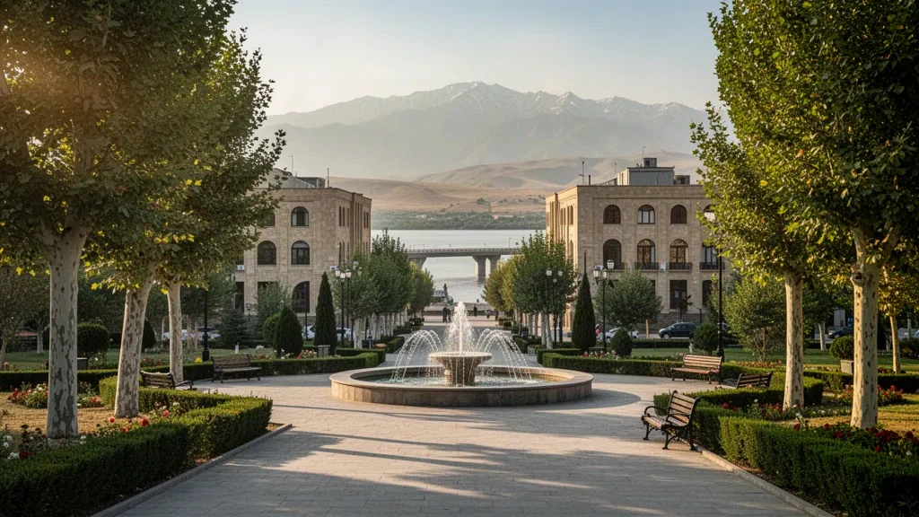 Yevlah, Azerbaycan'da Kura Nehri kıyısındaki ağaçlıklı merkez park yürüyüş yolu ve çeşme, gün batımı saatlerinde fotoğraflanmış
