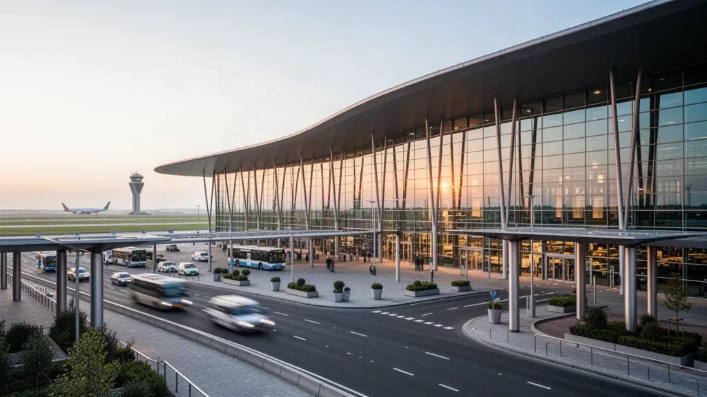 Esterno moderno del terminal in vetro dell'aeroporto di Amsterdam Schiphol con corsie di sosta e piste di rullaggio nella calda luce del primo mattino