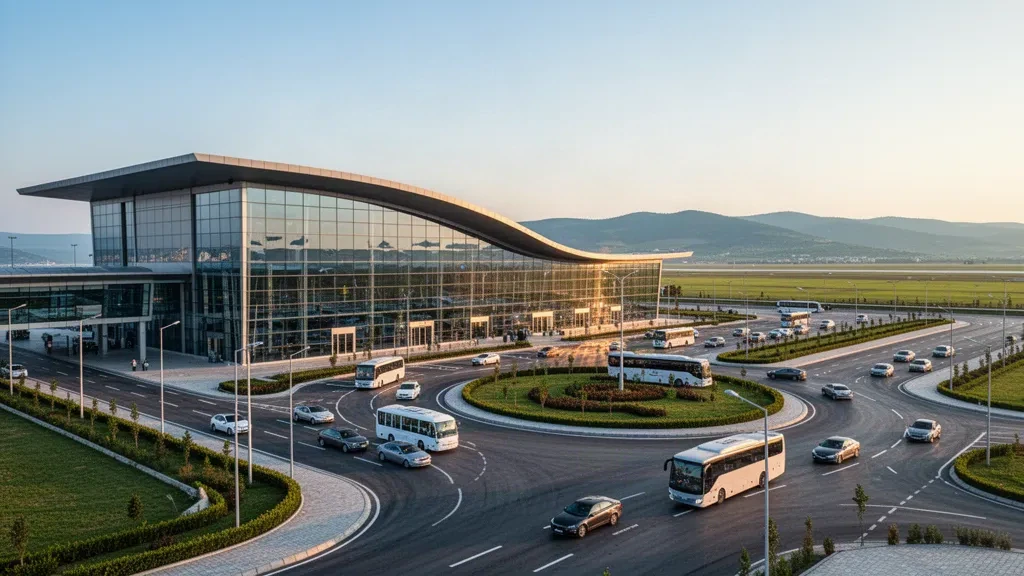 Türkiye'deki Samsun-Çarşamba Havalimanı'nda gün batımı saatlerinde modern cam terminal binasının dış cephesi ve kavisli yolcu indirme şeritleri