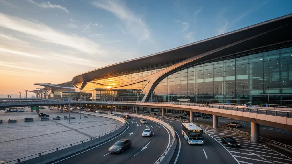 Arquitectura de cristal de la terminal del Aeropuerto Internacional de Incheon a la hora dorada con techo curvo y vías de acceso