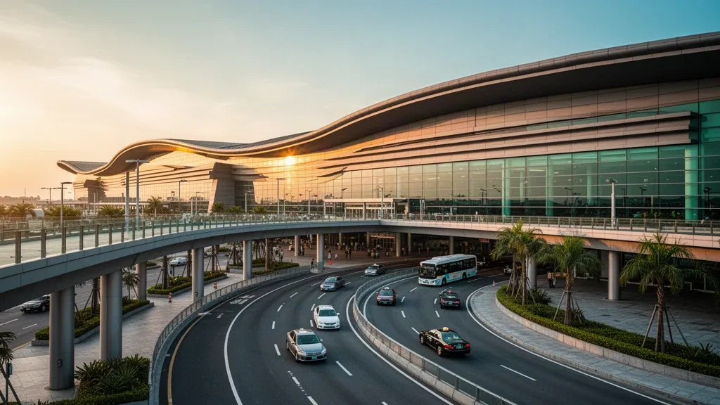 Veduta dell'aeroporto internazionale di Taiwan Taoyuan durante l'ora d'oro con terminal dalla facciata curva in vetro e strade di accesso