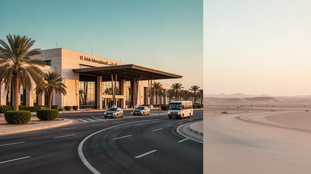 El Arish International Airport terminal exterior in North Sinai, Egypt, with palm trees, curbside drop-off lane and access road at golden hour