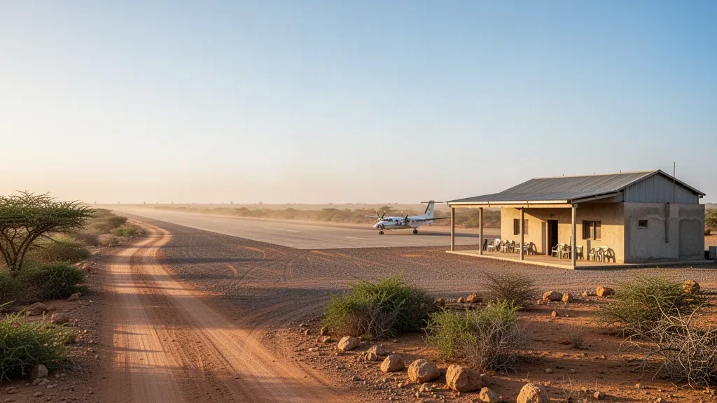 Sonnenbeschienene Schotterpiste und niedriges Terminalgebäude am Flughafen Adado in Galmudug, Somalia, umgeben von trockenem, halbtrockenem Buschland.