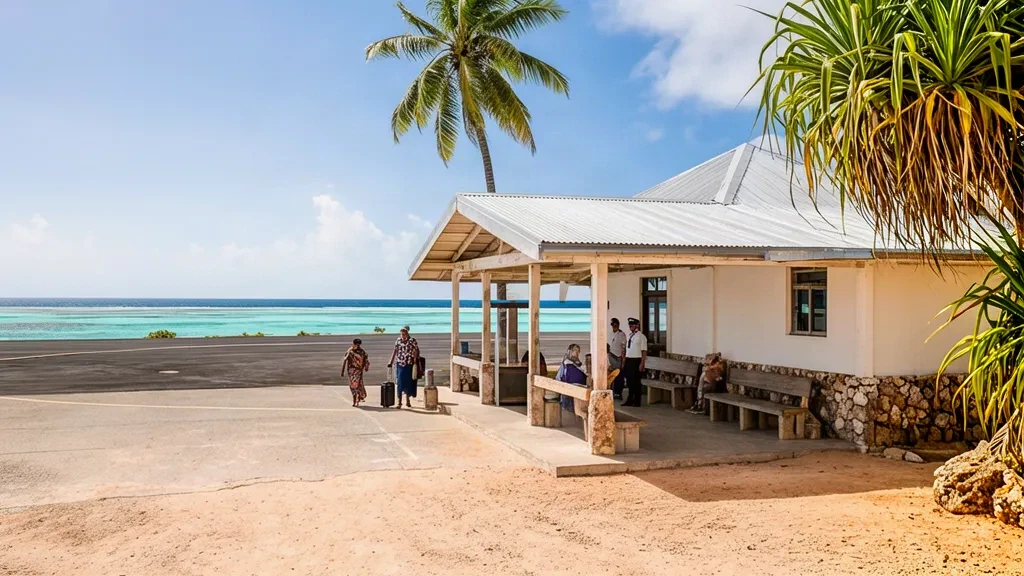 Esterno del terminal all'aperto dell'Aeroporto di Anaa sull'atollo di Anaa, Polinesia Francese, con palme e luce solare tropicale.