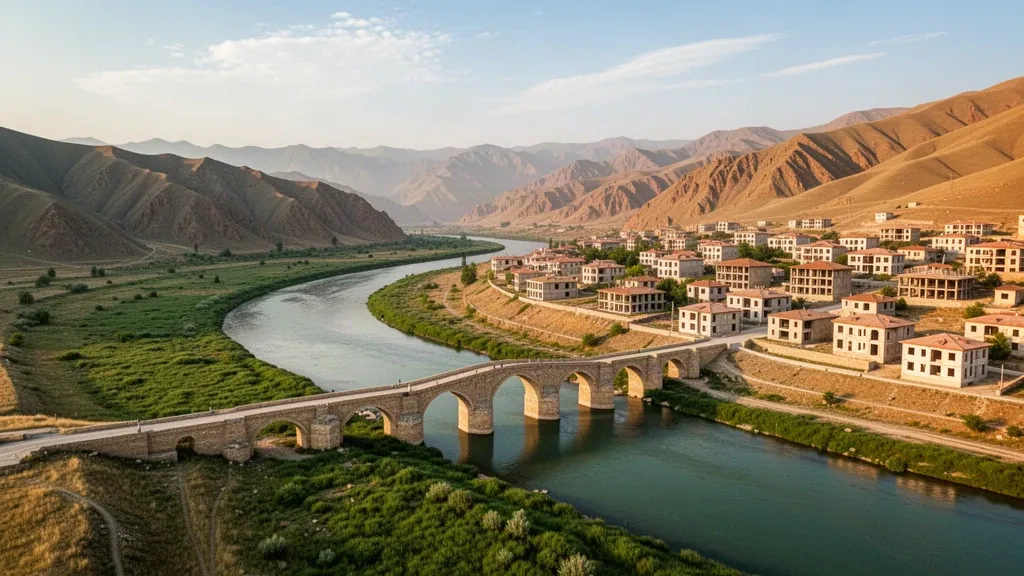 Vista panorámica de Zangilan, Azerbaiyán, con el valle del río Aras, los arcos del puente de Khudafarin y los distritos reconstruidos de la ciudad bajo una luz dorada