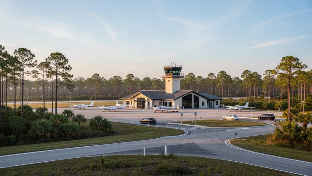 Terminal des Apalachicola Regional Airport und Vorfeld der allgemeinen Luftfahrt an der Küste Floridas in weichem Licht der goldenen Stunde mit Kiefern