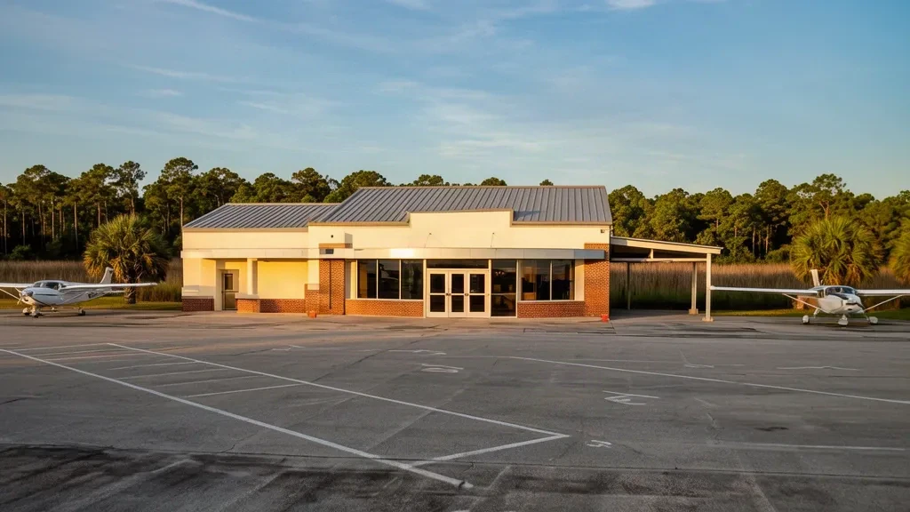 Kleines Terminalgebäude in Creme und Ziegel mit abgestellten Leichtflugzeugen auf dem Vorfeld des Apalachicola Regional Airport AAF in Florida
