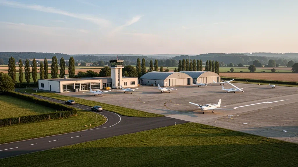 Plataforma del aeródromo de Aquisgrán-Merzbrück con hangares, aviones ligeros estacionados y una torre de control baja bajo una suave luz dorada del atardecer.