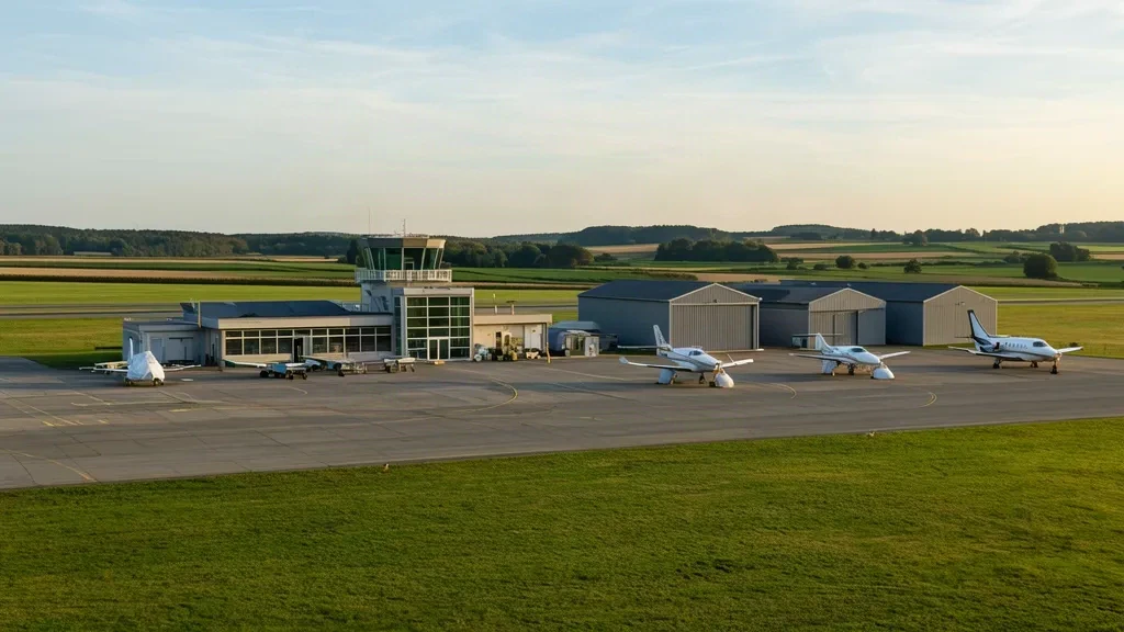 Bâtiment terminal, tour de contrôle et aéronef léger sur l'aire de stationnement de l'aéroport d'Aix-la-Chapelle-Merzbrück à Würselen, en Allemagne