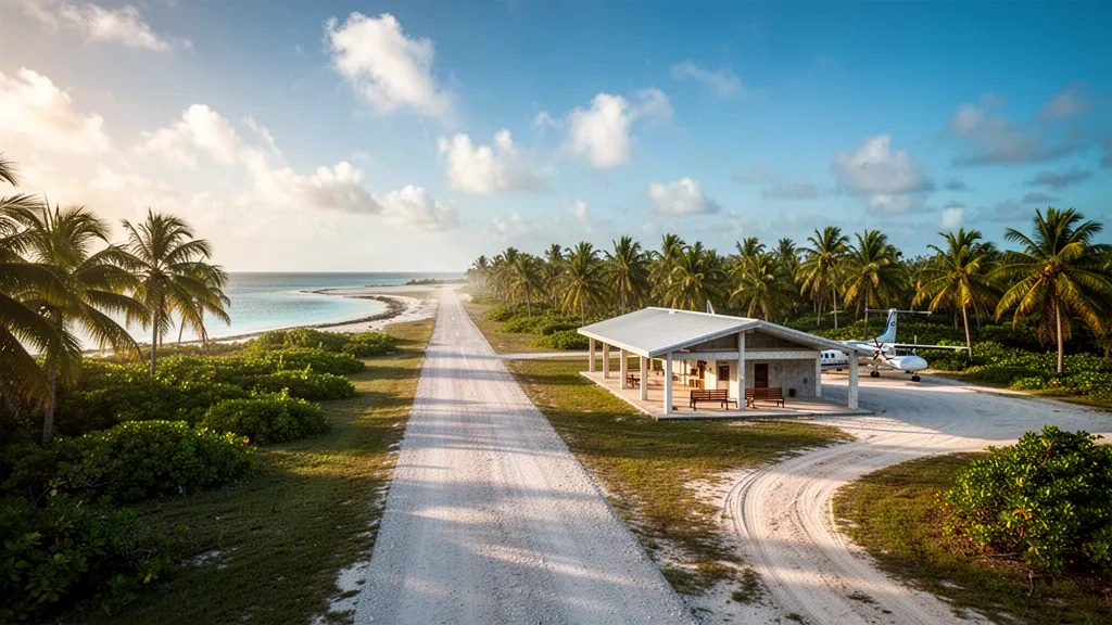 Coral runway and palm-lined apron at Aranuka Airport in Kiribati, with turquoise lagoon water and a small turboprop in morning light