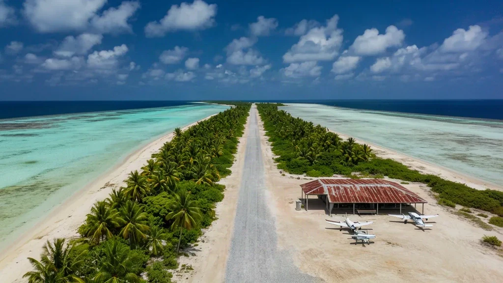 Coral-gravel airstrip and palm-fringed islet of Aranuka Airport in Kiribati, seen from above beside turquoise lagoon water