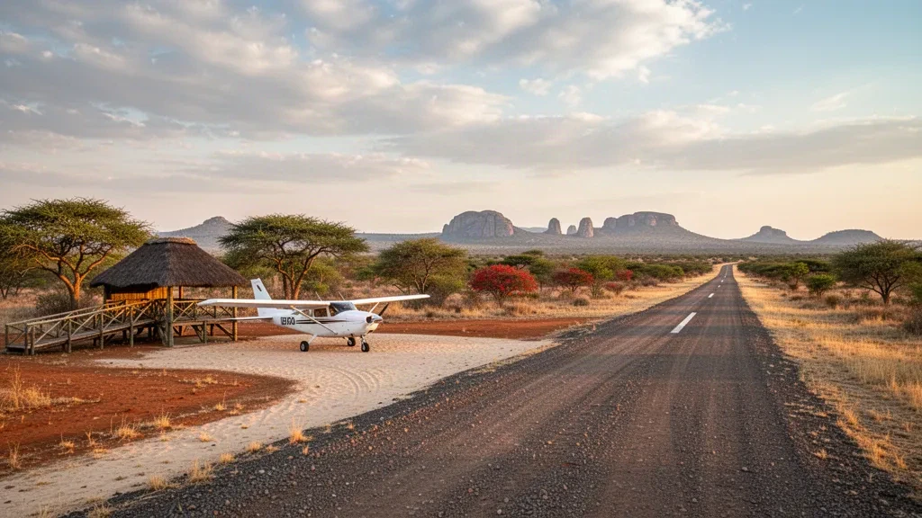 Bush airstrip of Mala Mala Airport in the South African lowveld savanna at golden hour with a light aircraft parked nearby
