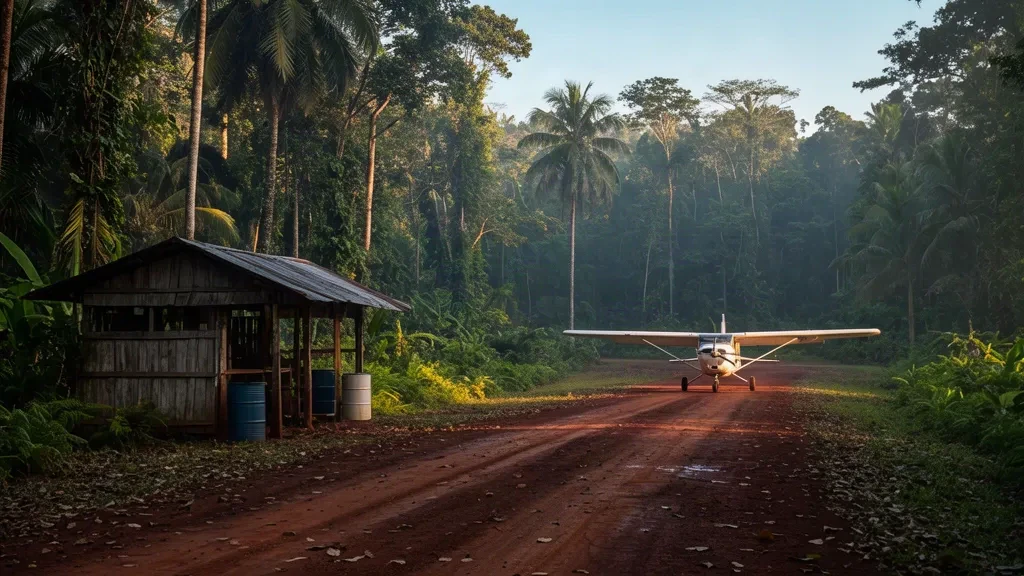 Piste non revêtue de l'aérodrome de Cayana au Suriname, encadrée par une dense forêt amazonienne et un petit abri de brousse en bois