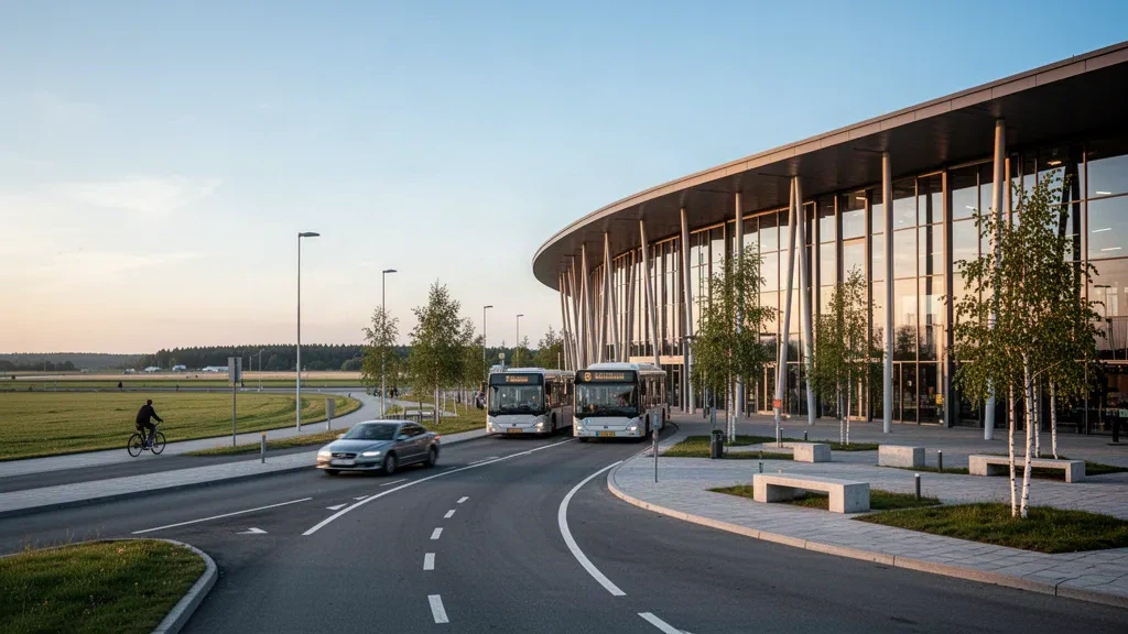 Moderno terminal in vetro e corsie di scarico curve all'aeroporto di Aalborg in Danimarca sotto la soffice luce dorata nordica