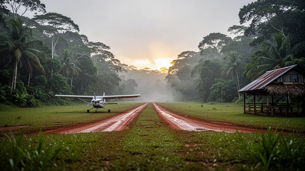Surinam'ın yoğun Amazon yağmur ormanlarıyla çevrili Cayana Airstrip'in çim pistinde küçük bir bush uçağı