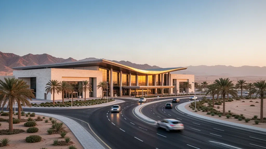 Golden-hour view of the modern terminal and palm-lined forecourt at Al Ain International Airport in Abu Dhabi, UAE