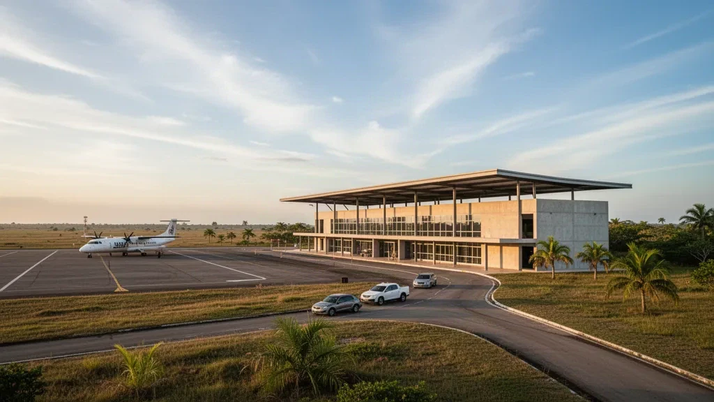 Petit terminal d'aéroport régional moderne à Anaco, dans l'Anzoátegui, au Venezuela, avec un avion de ligne régional stationné dans la lumière chaude de fin d'après-midi