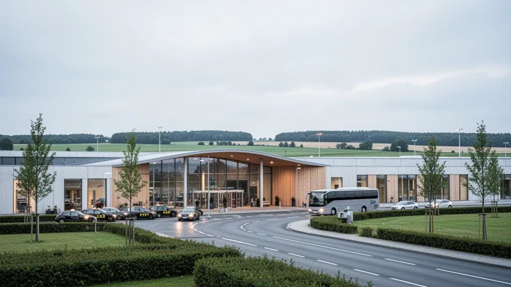Moderne Terminalfassade aus Glas und Holz am Flughafen Aarhus in Dänemark mit einer geschwungenen Vorfahrtspur bei sanftem nordischem Tageslicht