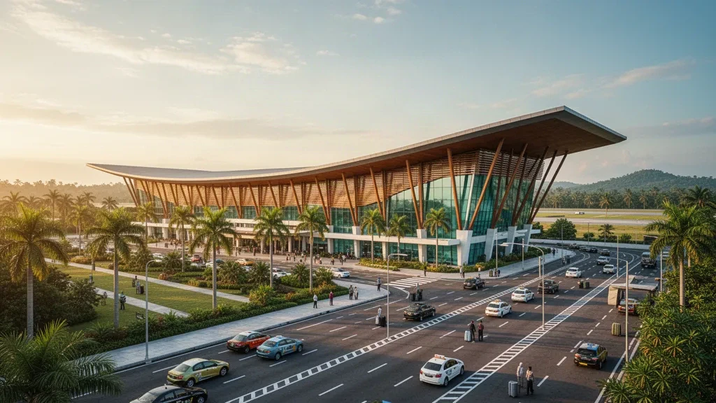 Samarinda, Endonezya'daki Aji Pangeran Tumenggung Pranoto Uluslararası Havalimanı'nda altın saatte modern cam terminal ve palmiye ağaçlarıyla çevrili indirme-bindirme şeritleri.