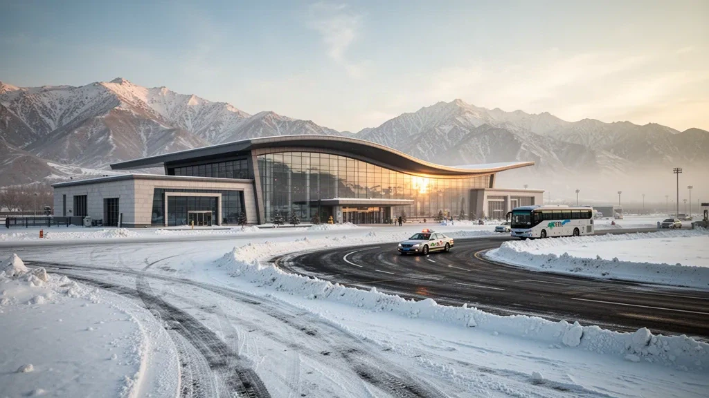 Modern glass terminal at Altay Xuedu Airport framed by snowy Altai mountains and winter access roads in golden light.