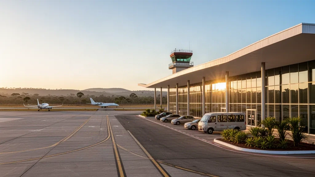 Moderne Glasfassade des Terminals am Flughafen Romeu Zema in Araxá, Brasilien, zur goldenen Stunde mit sauberer Vorfahrtspur und offenem Himmel