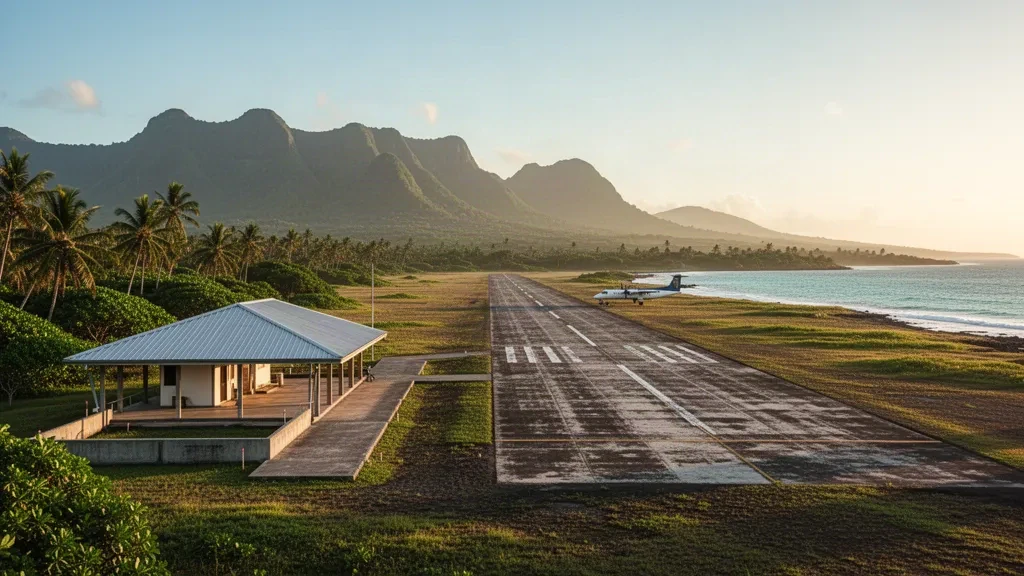 Piste d'atterrissage sur une île tropicale et petit terminal à ciel ouvert à l'aéroport d'Asau sur Savai'i, Samoa, entourés de palmiers et de collines volcaniques