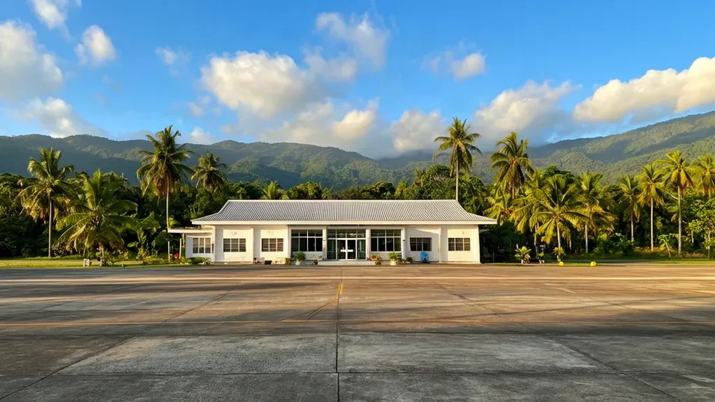 Vue extérieure du terminal de l'aéroport d'Allah Valley à Surallah, Cotabato du Sud, Philippines, entouré de verdure tropicale et de montagnes.