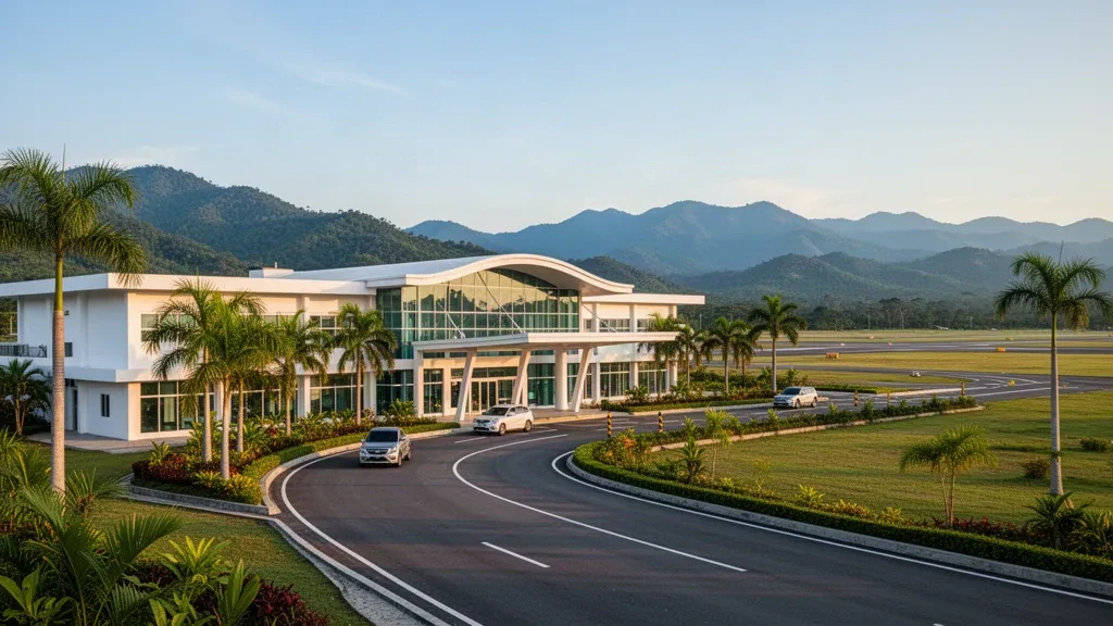 Terminal tropicale di bassa altezza e corsia di sosta all'Aeroporto di Allah Valley a Surallah, South Cotabato, Filippine