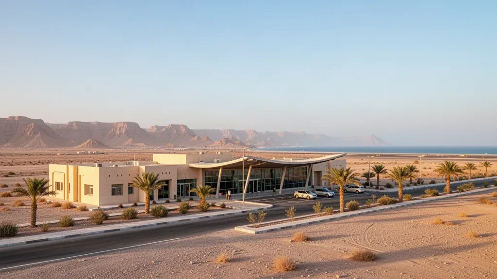 Low-rise terminal exterior at Al Ghaydah International Airport in Yemen's arid Mahra region during warm golden-hour light