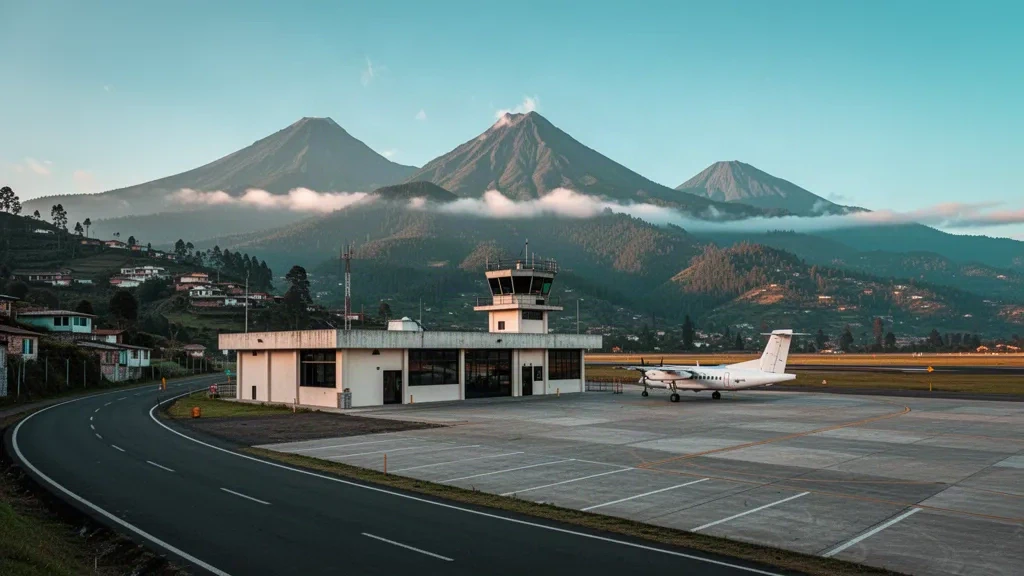 Small regional terminal and volcanic backdrop at Quetzaltenango Airport, Guatemala, in soft golden morning light