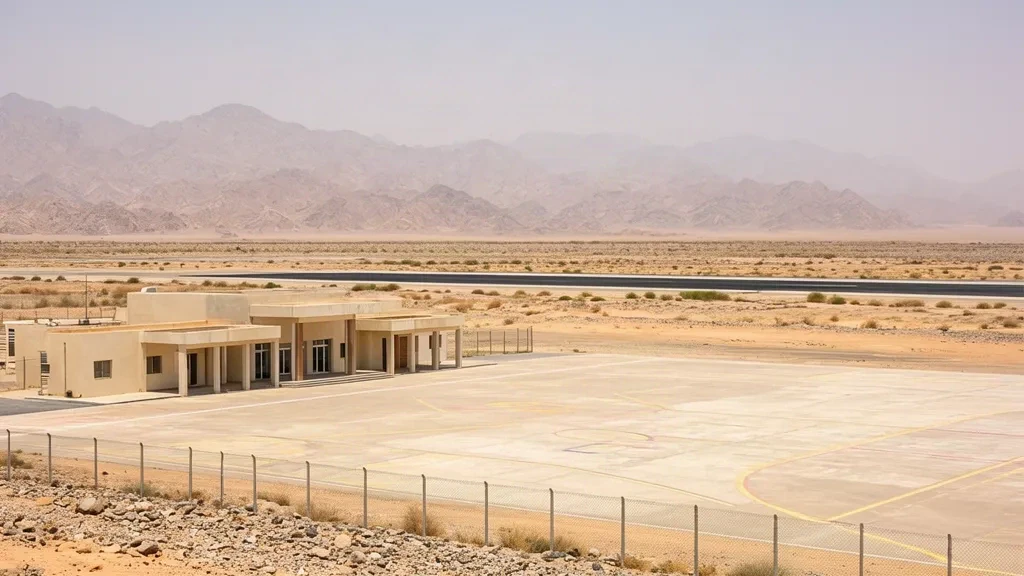 Modest desert terminal building and sunlit apron at Al Ghaydah International Airport in eastern Yemen, with the runway and hazy mountains beyond.