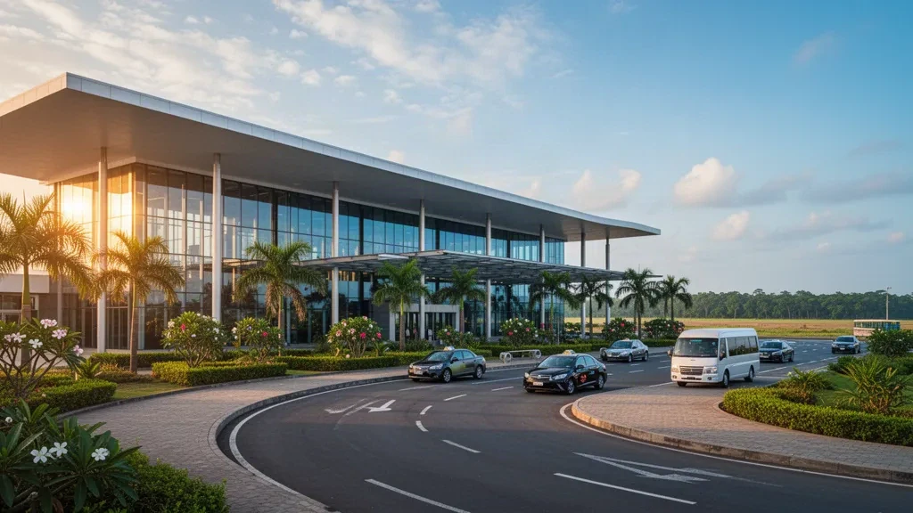 Moderne Glasfassade des Terminals am Asaba International Airport in Nigeria mit Palmen, Bringspur und warmem Licht zur goldenen Stunde