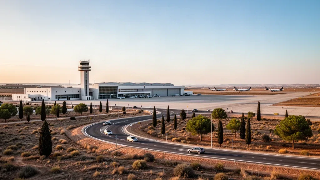 Modern terminal, control tower and taxiway at Albacete Airport on Spain's La Mancha plain at golden hour