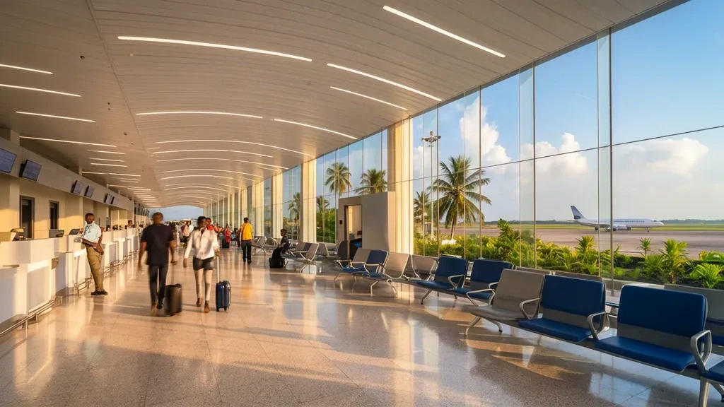 Luminosa sala partenze all'interno dell'Aeroporto Internazionale di Asaba nello Stato del Delta, Nigeria, con viaggiatori, posti a sedere e pareti in vetro