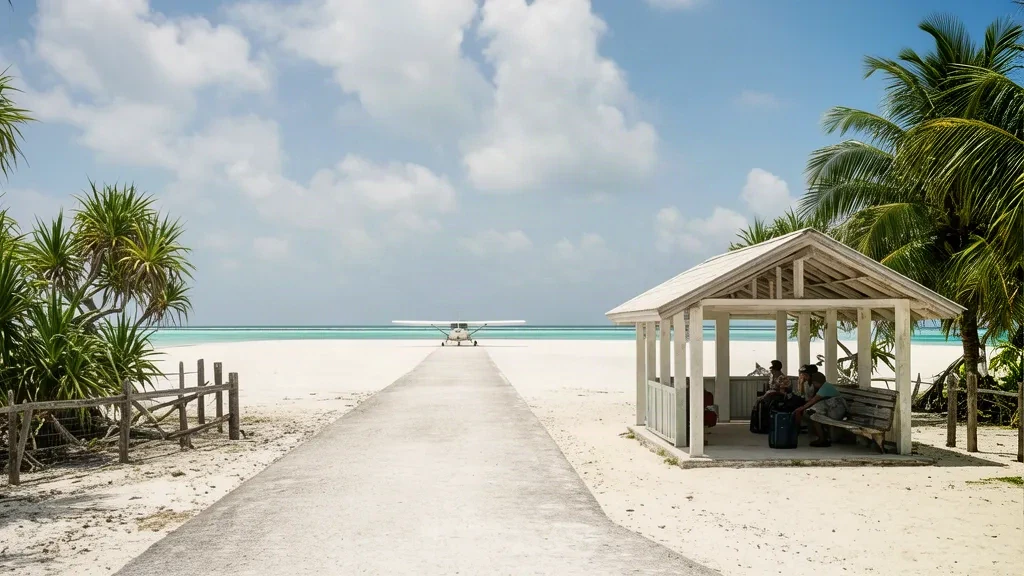 Kleines offenes Terminal neben der Korallenrollbahn am Flughafen Abaiang auf dem Abaiang-Atoll, Kiribati, umrahmt von Kokospalmen