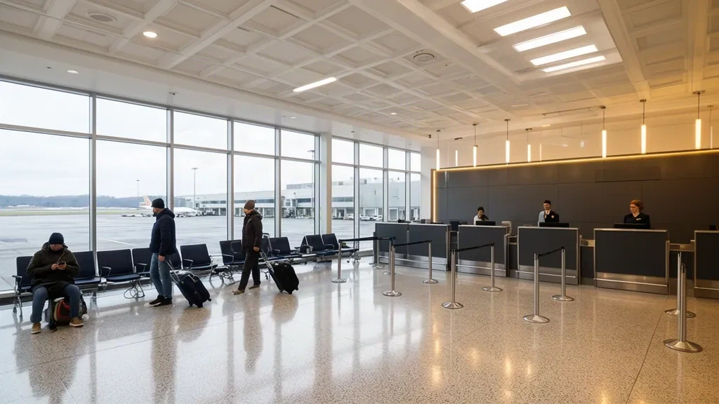 Voyageurs marchant dans l'intérieur lumineux du terminal de l'aéroport Lehigh Valley International à Allentown, en Pennsylvanie