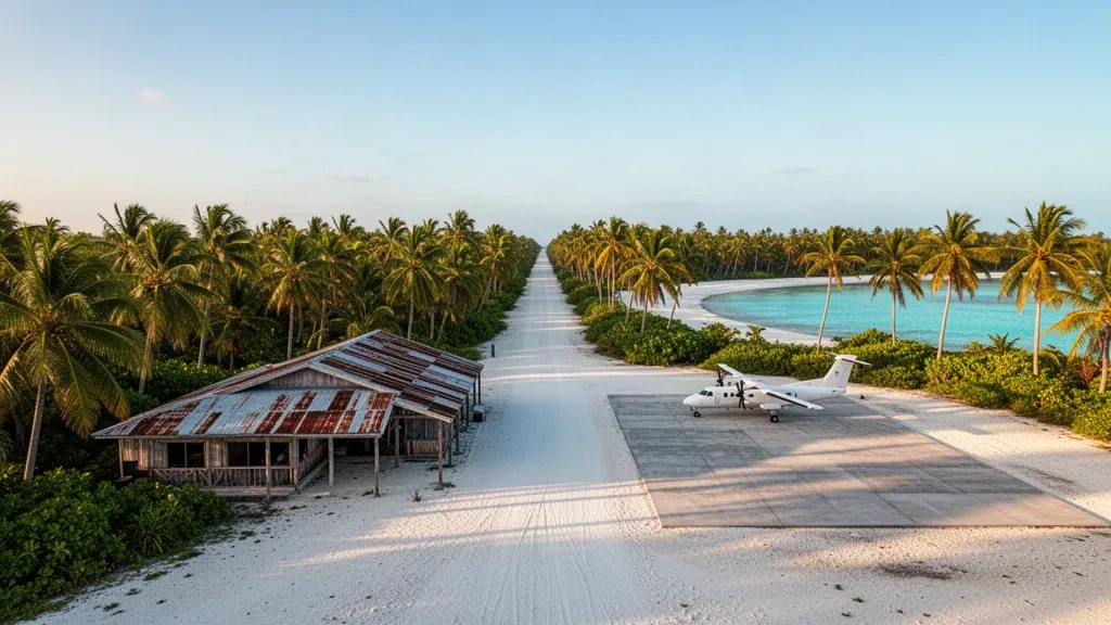 Kiribati'deki Abaiang Atolü'nde mercan pisti ve palmiye ağaçlarıyla çevrili uçak pisti, turkuaz lagün suyu ve sıcak altın saat ışığı