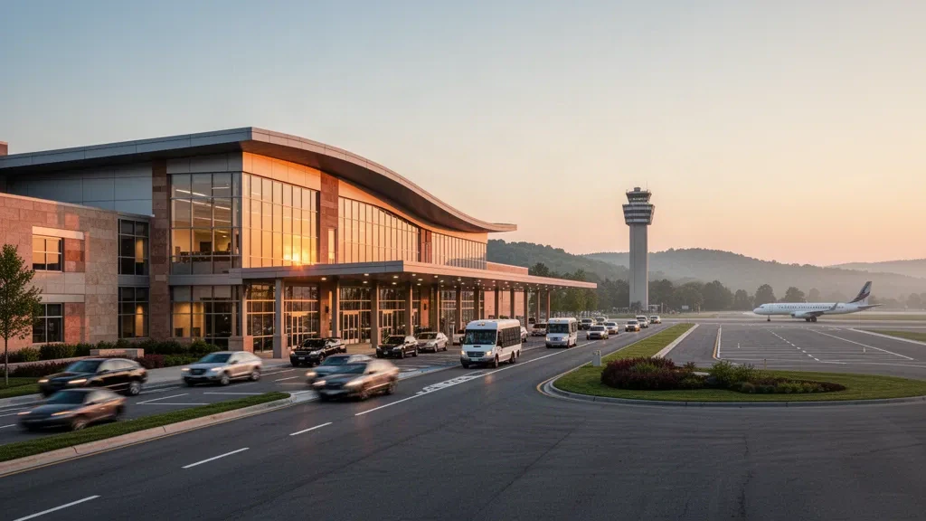 Lehigh Valley Uluslararası Havalimanı'nda sıcak altın saat ışığıyla yıkanan modern cam terminal dış cephesi ve yol kenarı bırakma şeritleri