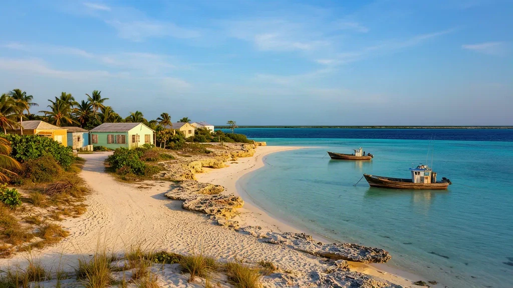 Hauts-fonds turquoise et bateaux de pêche en bois le long du littoral de l'île d'Acklins aux Bahamas, avec des cottages pastel parmi les palmiers à l'heure dorée.