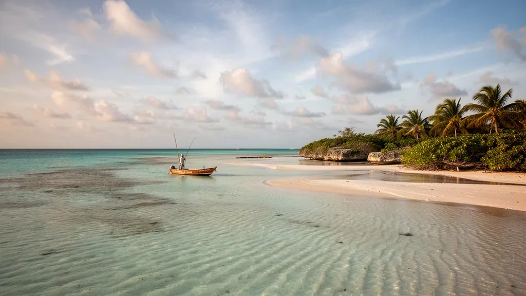 Flats de pêche au bonefish turquoise et littoral bordé de palmiers près de Spring Point sur l'île d'Acklins, aux Bahamas, dans une chaude lumière dorée