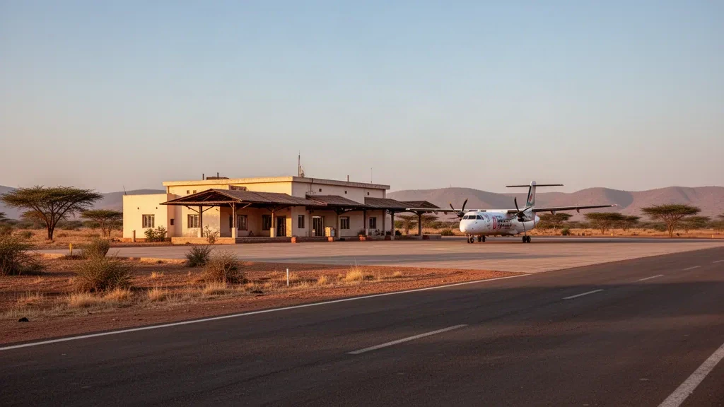 Terminal und Vorfeld des Flughafens Kebri Dehar in der Somali-Region Äthiopiens im warmen Licht des späten Nachmittags