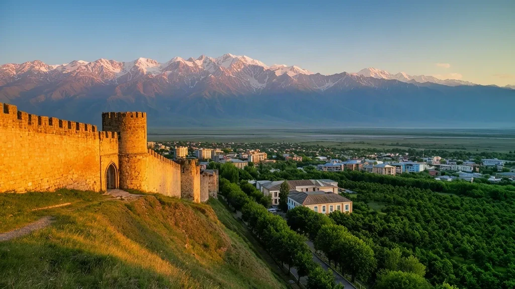 Veduta all'ora d'oro su Zaqatala, Azerbaigian, con la sua fortezza in pietra, la valle verde e il Grande Caucaso sullo sfondo