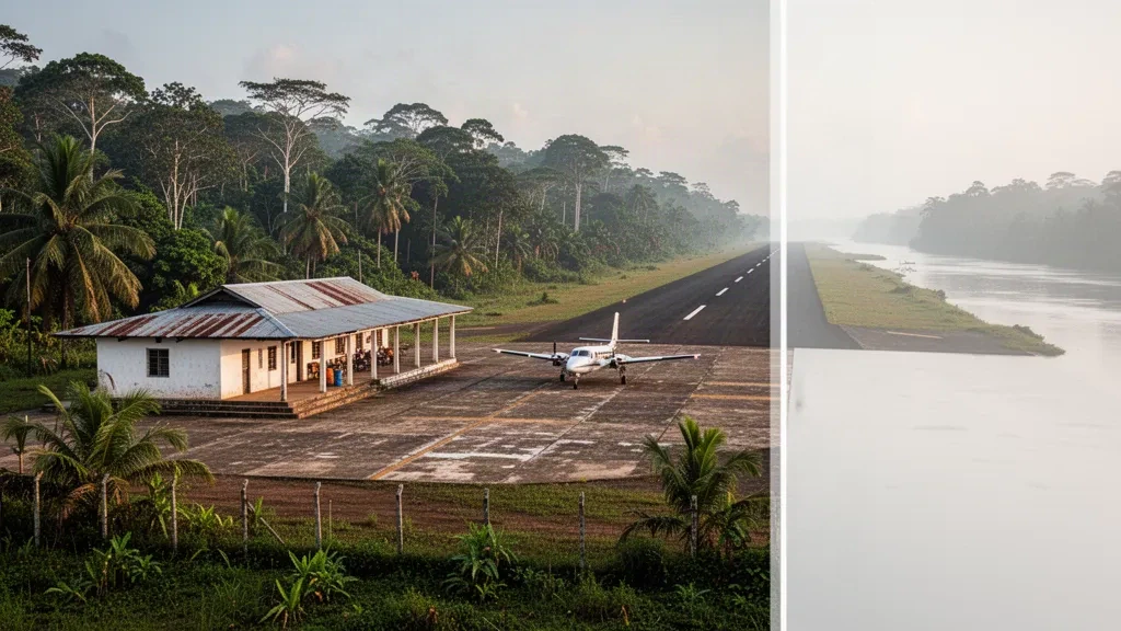 Piccolo terminal di una pista tropicale all'aeroporto di Albina in Suriname con un aereo a elica parcheggiato, palme e foresta pluviale sullo sfondo