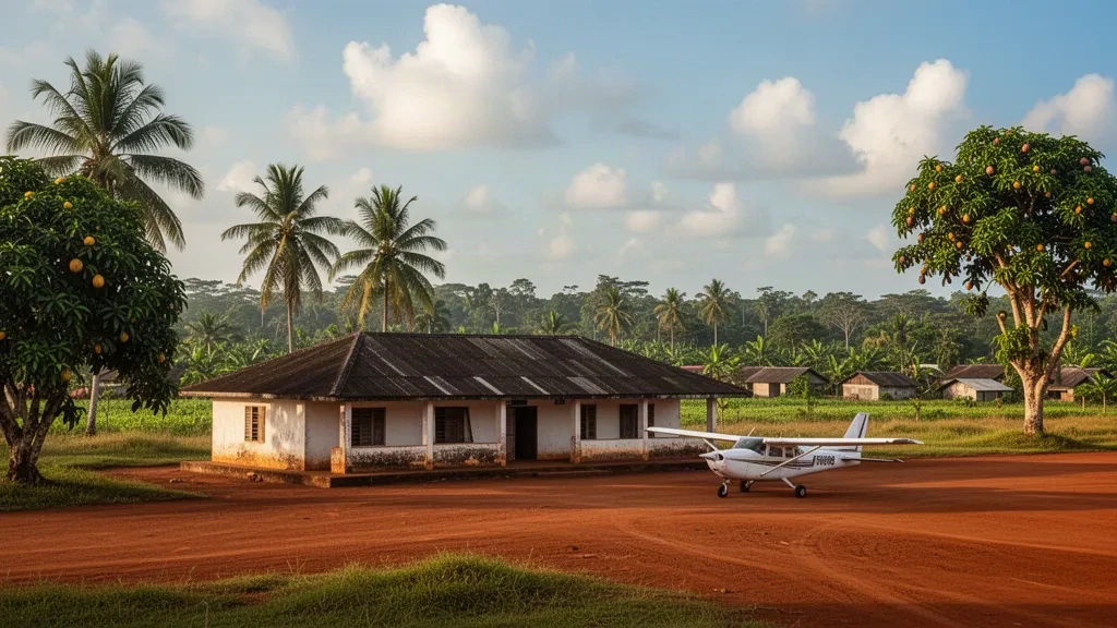 Cálida luz de la tarde sobre el Aeropuerto de Aboisso en Costa de Marfil, con una pequeña terminal, palmeras y una plataforma de laterita junto a la pista.