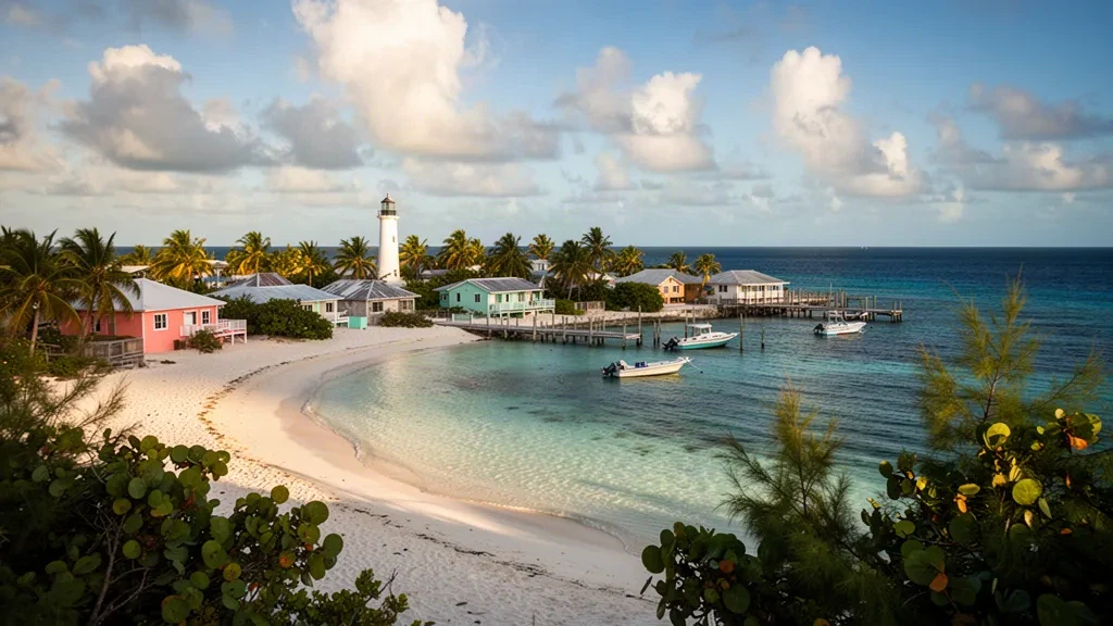 Sunlit turquoise waterfront of Bimini, The Bahamas, with white sand beach, palms and pastel island houses near Alice Town