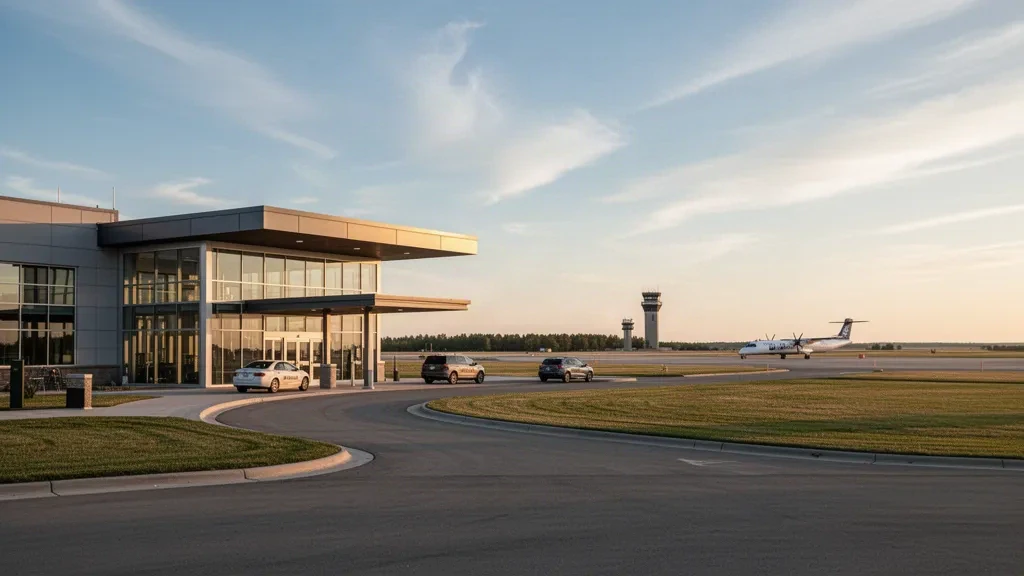Exterior moderno de terminal de cristal y carril de bajada en el aeropuerto regional de Aberdeen en Dakota del Sur a la hora dorada