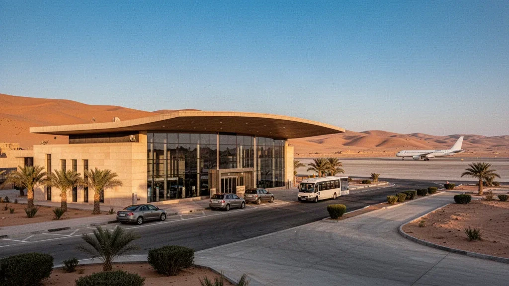 Terminal moderne de l'aéroport d'Abou Simbel et tarmac désertique en Égypte sous une lumière chaude de fin d'après-midi